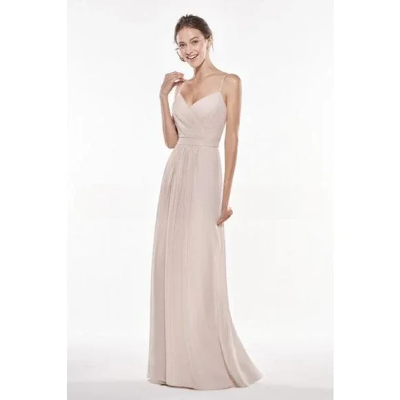 Jasmine Dresses | JB Jasmine Bridesmaids P196006 Long V-Neck Georgette Dress w/ Spaghetti Straps | Color: Cream/Tan | Size: 16